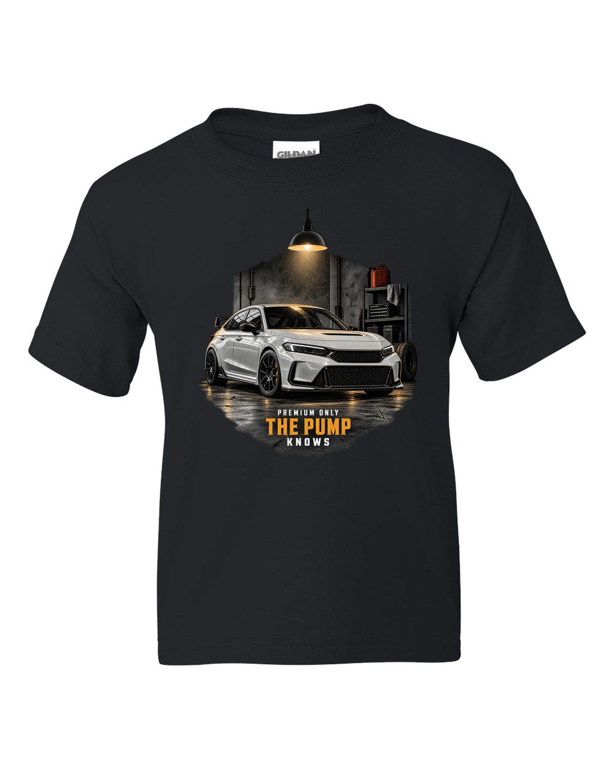 Honda Civic FL5 chback garage night design with premium only 98 octane text black kids tee front view with the design