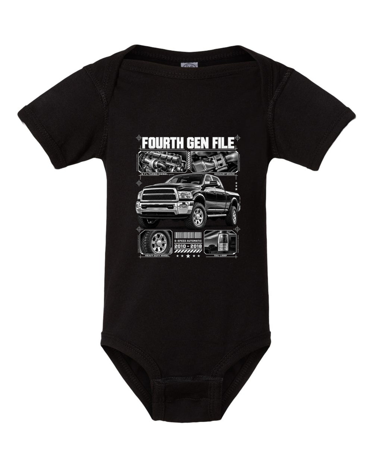 Blueprint dossier print of a 2010-2018 Ram 2500 fourth generation turbo diesel pickup black baby onesie front view with the design