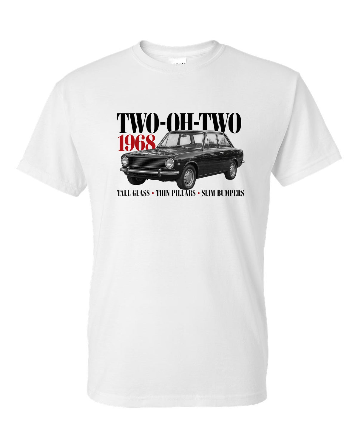 BMW 2002 editorial print with Two-Oh-Two 1968 headline and design details white t-shirt front view with the design