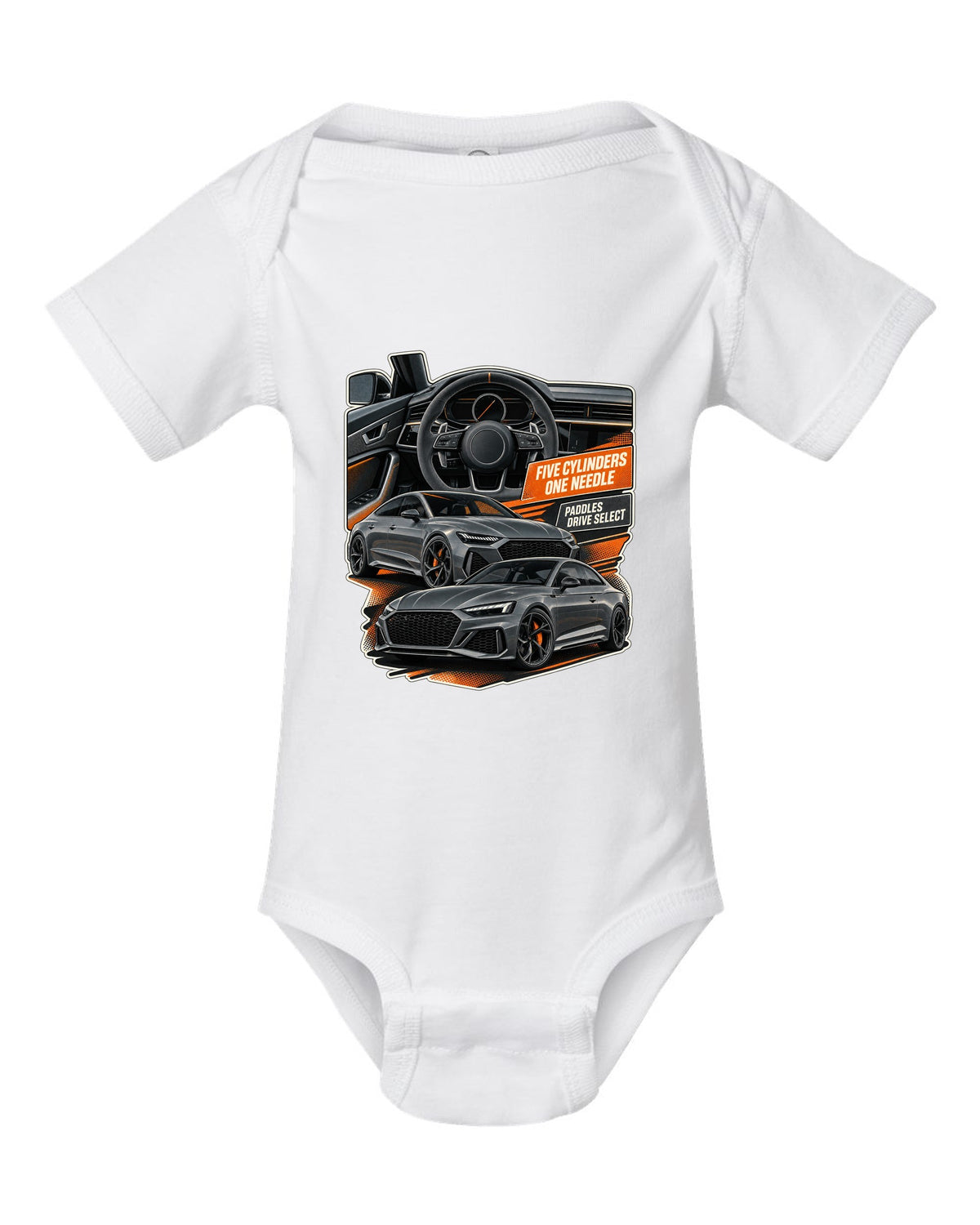 Interior and gauge cluster print of an Audi RS3 8Y white baby onesie front view with the design