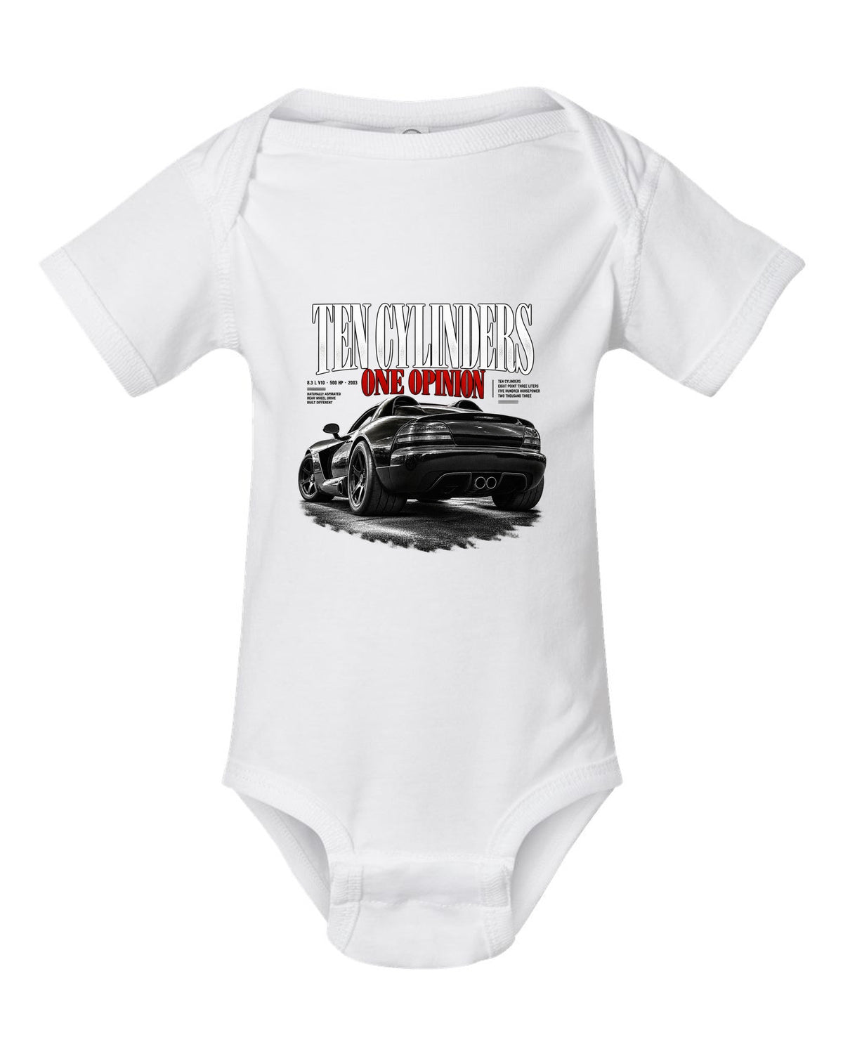 2003 Dodge Viper SRT-10 ZB I rear three-quarter editorial headline print white baby onesie front view with the design