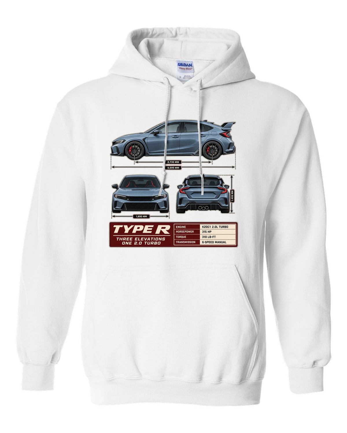 Civic Type R FL5 Three-View Spec Sheet Tee for Car Guys white pull over hoodie front view with the design
