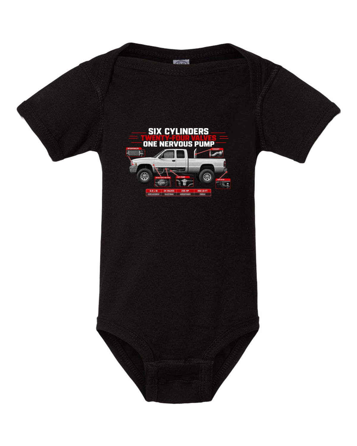 Spec poster of a 1998.5-2002 Ram 2500 5.9 24V with six cylinders, twenty-four valves, one nervous pump black baby onesie front view with the design
