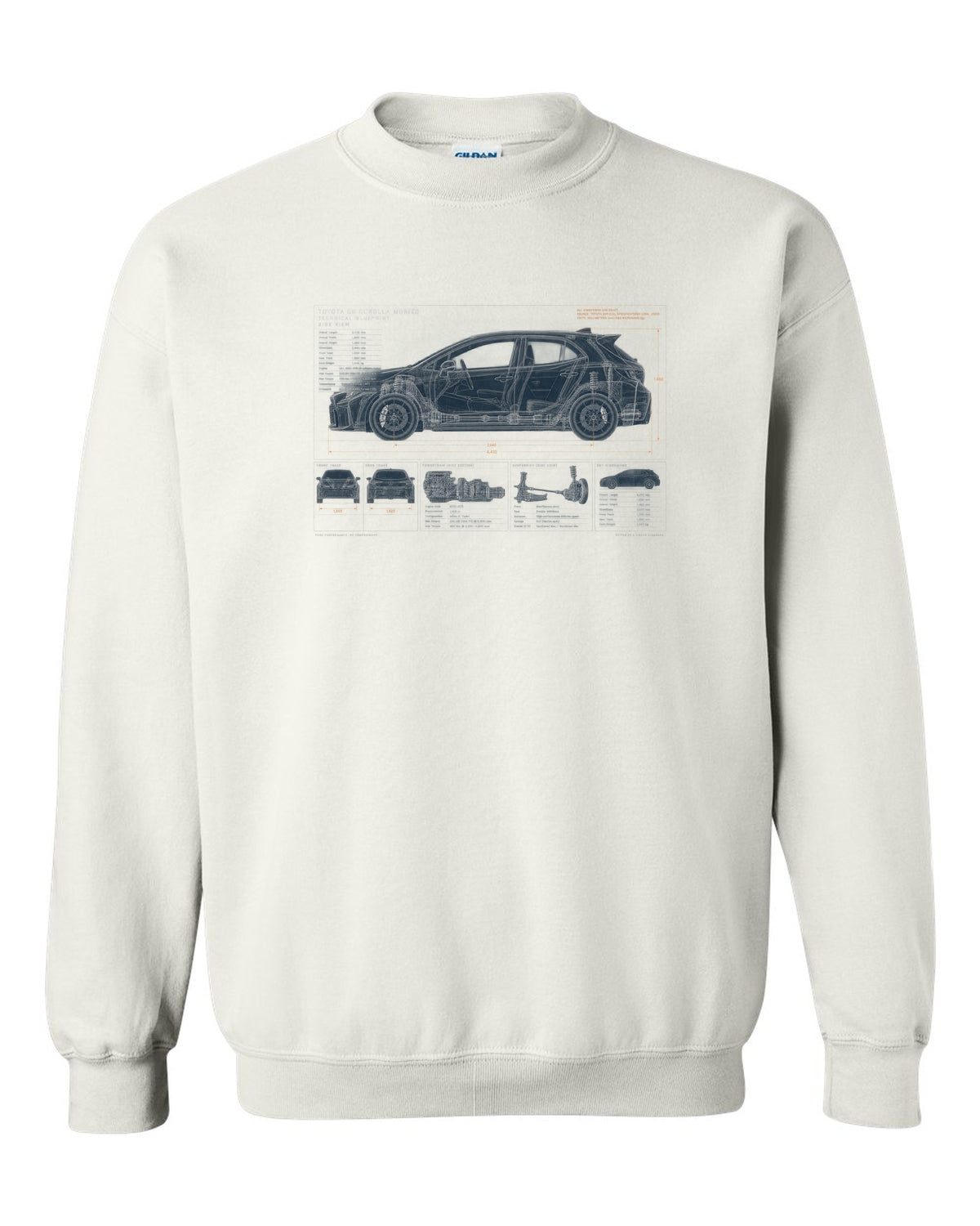 Toyota GR Yaris 2024 facelift front three-quarter with editorial headline white crewneck front view with the design