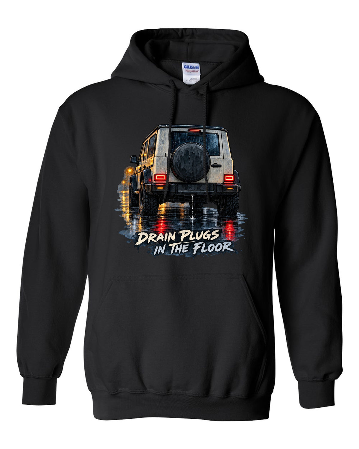 Jeep Wrangler JL taillight reflections on wet road in watercolour with drain plugs in the floor text black pull over hoodie front view with the design