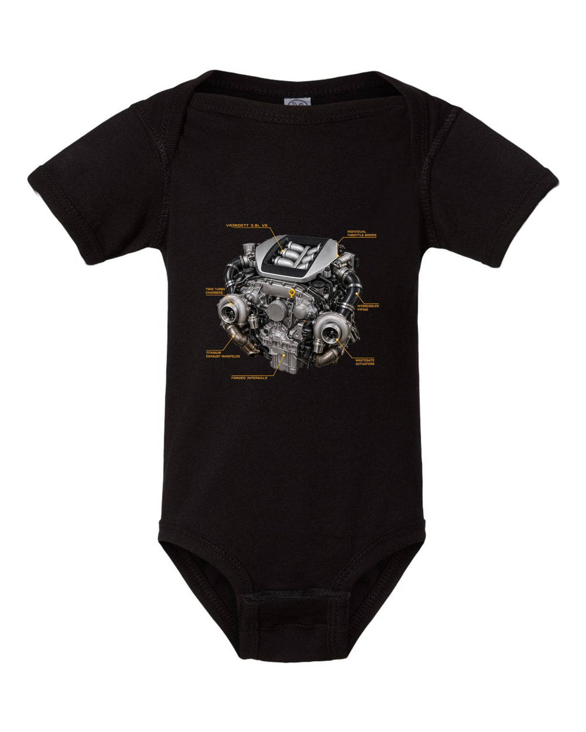 Close crop of Nissan GT-R R35 round rear lamps in dark red black baby onesie front view with the design