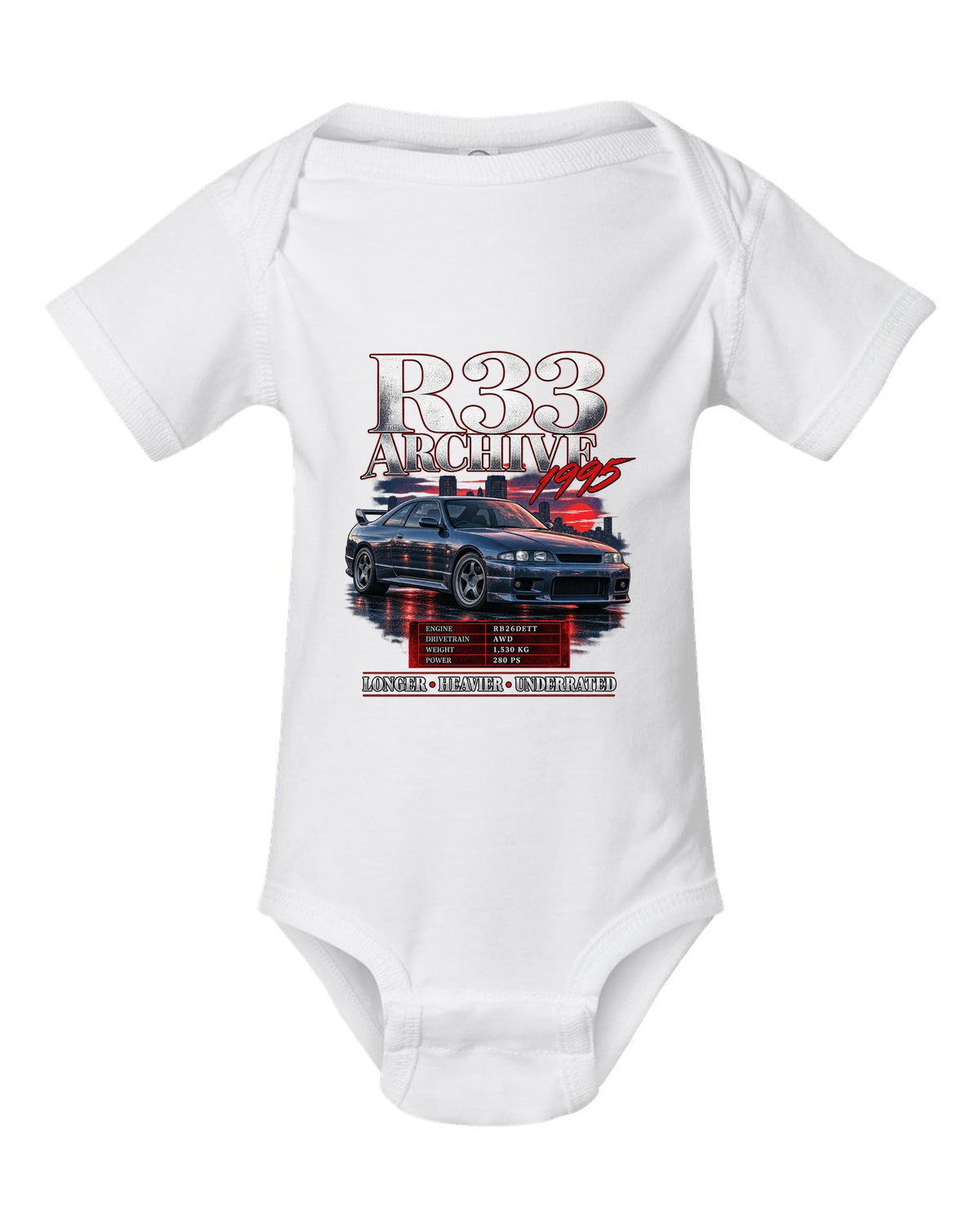 Archive panel print of a Nissan Skyline GT-R R33 BCNR33 with spec lettering white baby onesie front view with the design