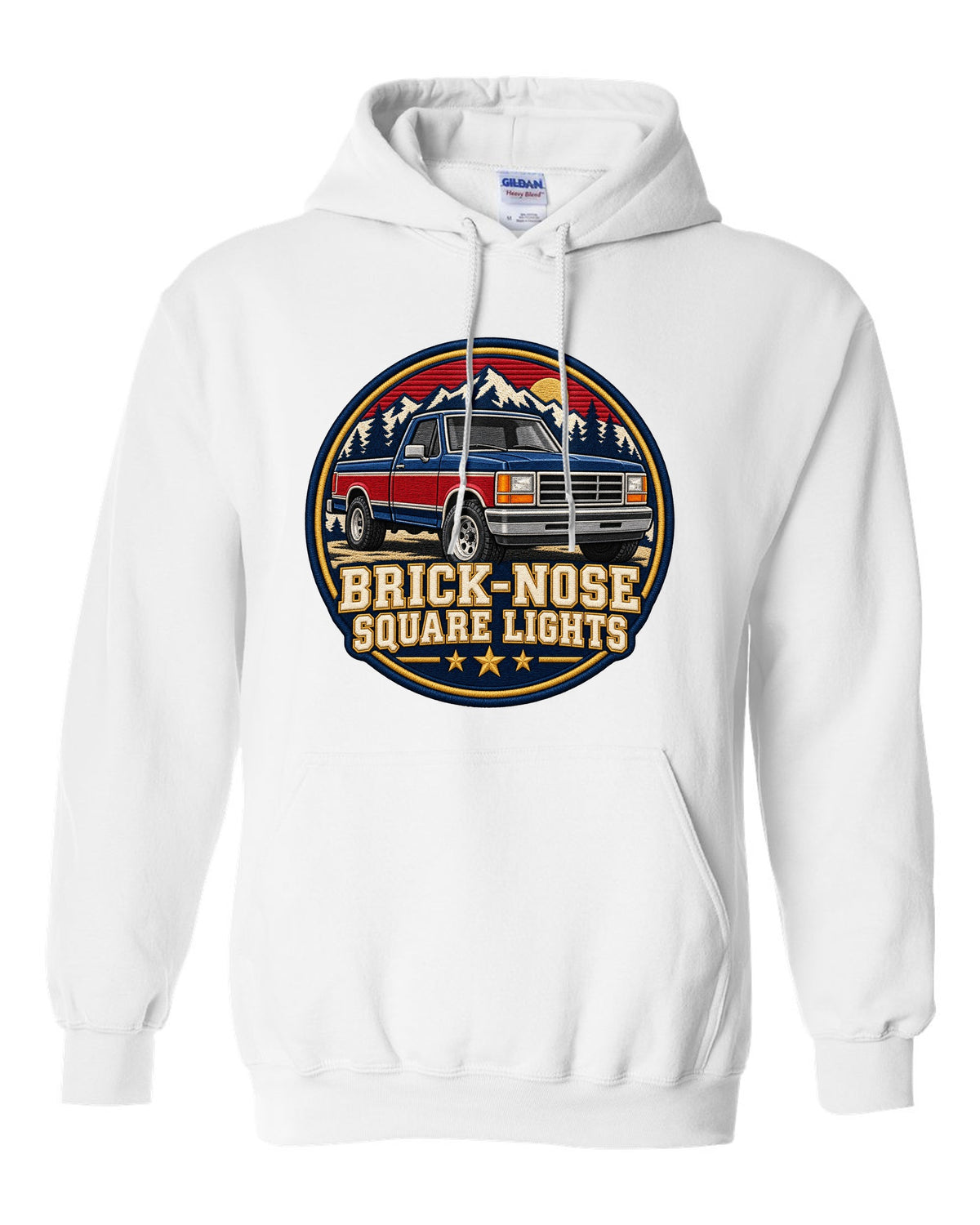Shield crest print for a 1987-91 Ford F-150 Brick-Nose with square lights text white pull over hoodie front view with the design