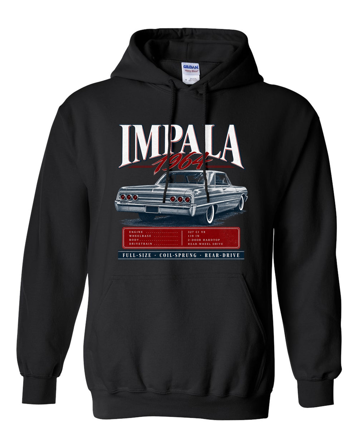 1964 Impala SS B-body rear three-quarter archive panel print black pull over hoodie front view with the design