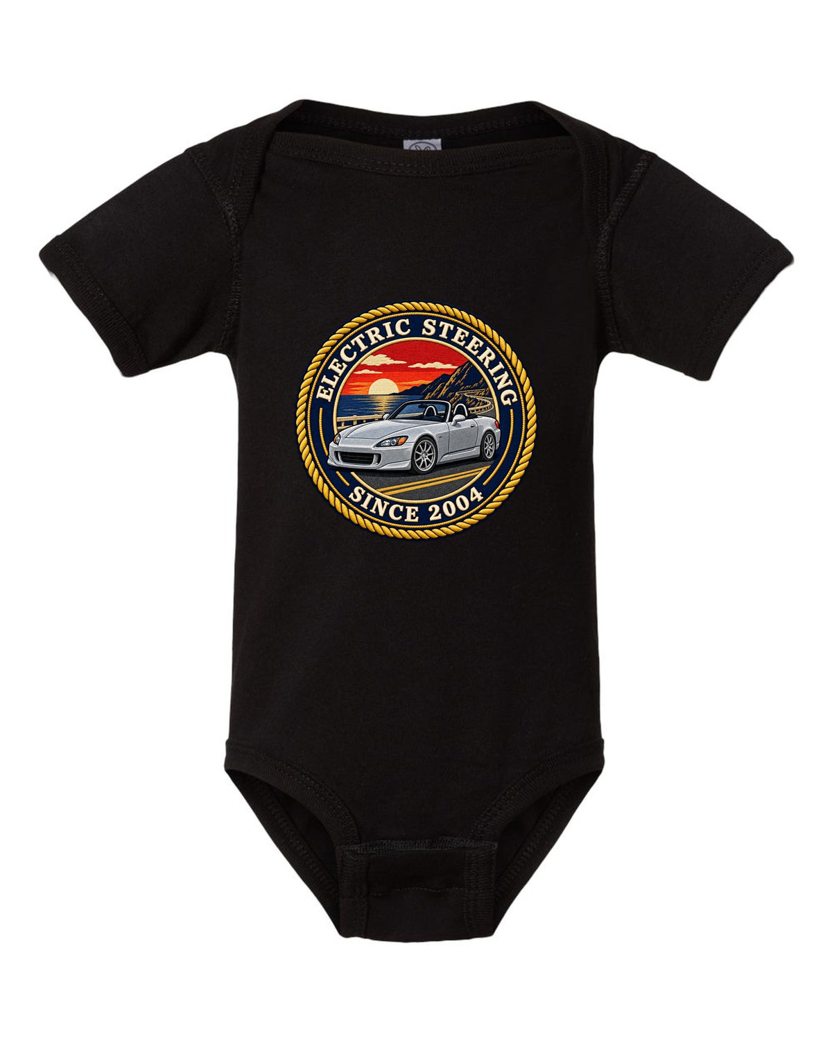 Embroidery-style round crest print of a 2004 Honda S2000 AP2 roadster black baby onesie front view with the design