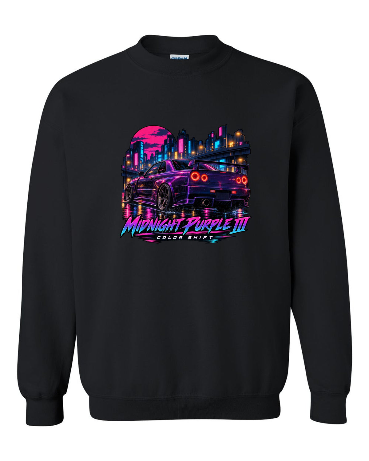 Cel-shaded anime night street print of a Midnight Purple III Nissan Skyline GT-R R34 BNR34 black crewneck front view with the design