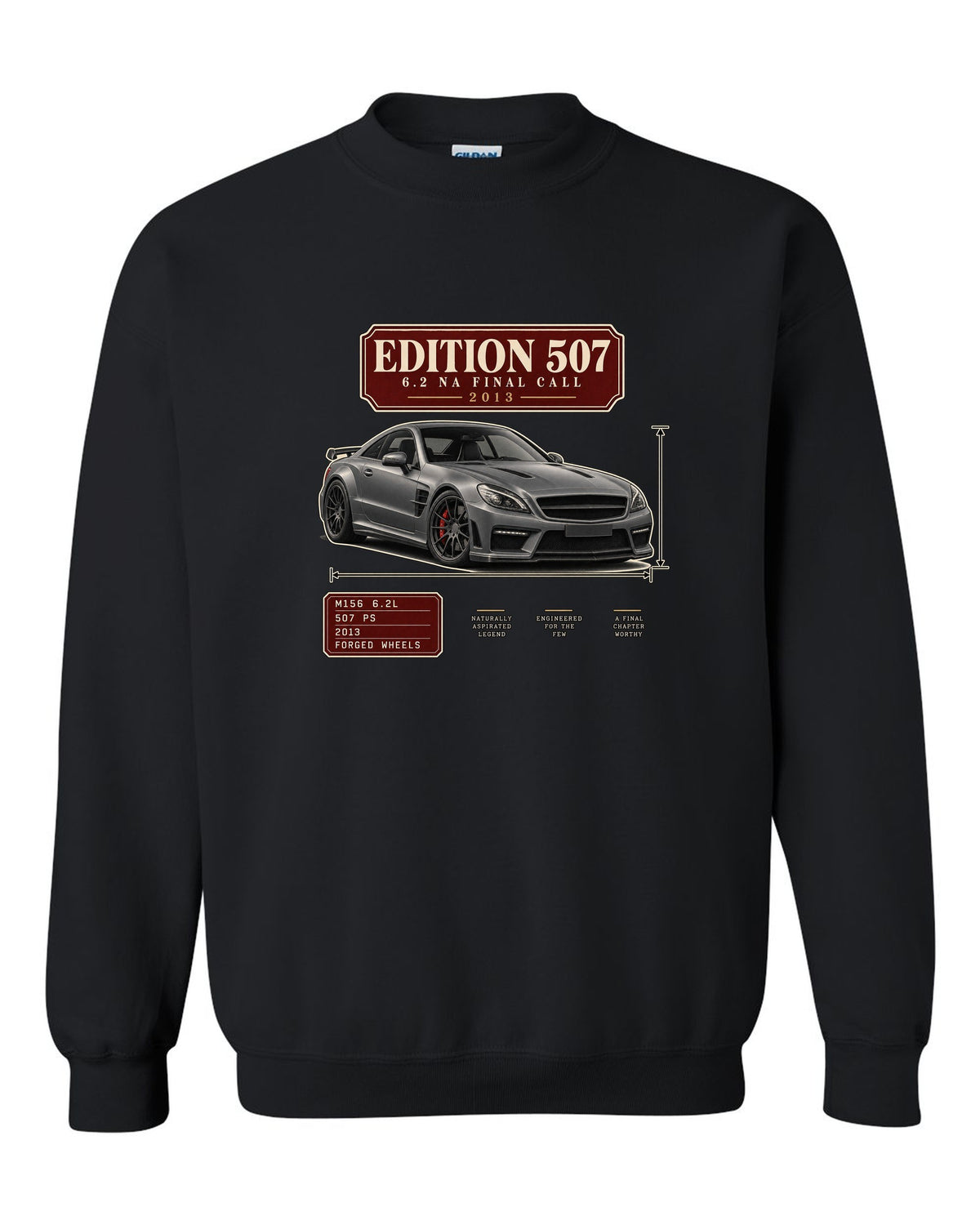 Archive panel print of a matte grey Mercedes-AMG C63 Edition 507 C204 black crewneck front view with the design
