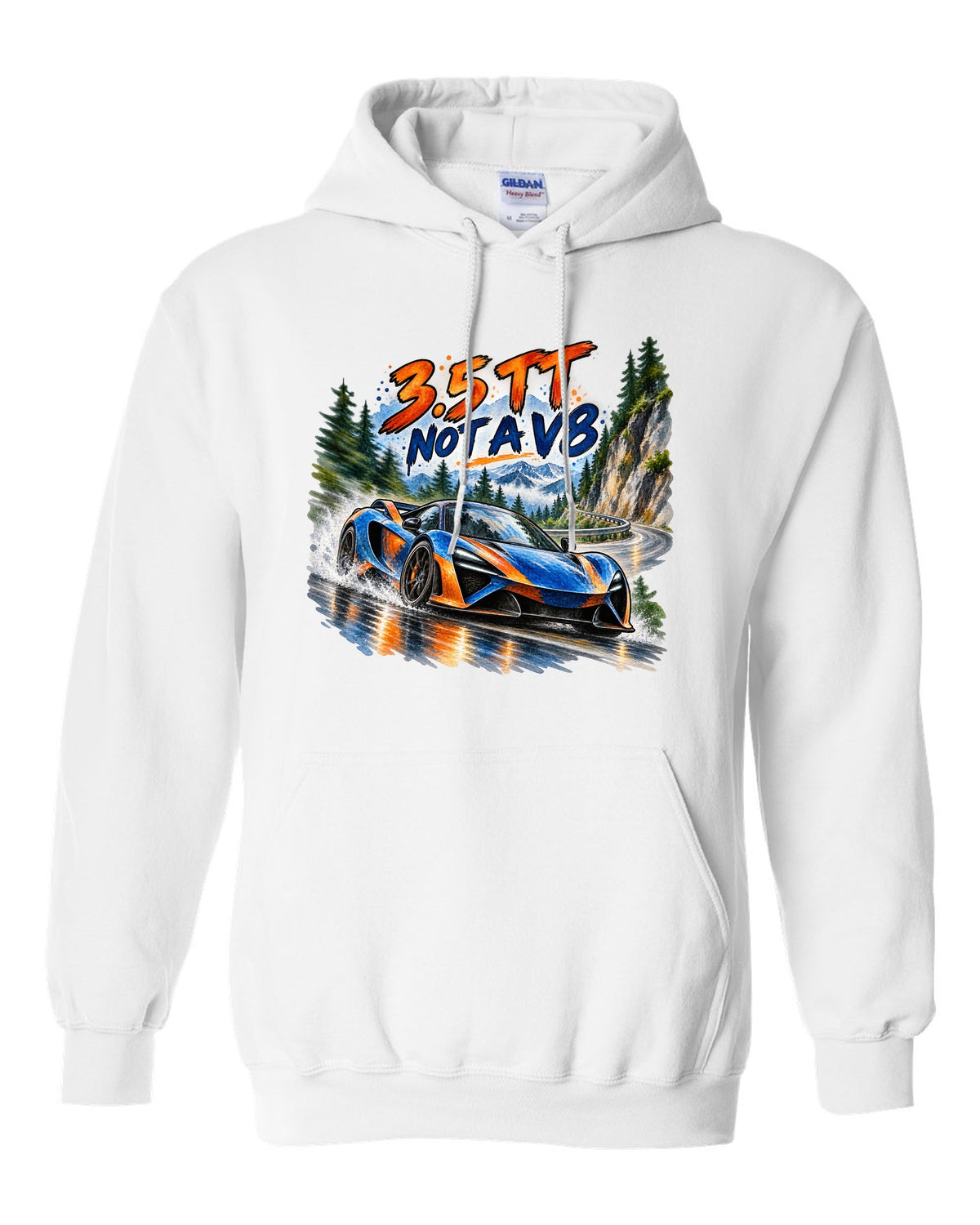 Ford GT 2017-2022 on a hairpin in a watercolour wash print white pull over hoodie front view with the design