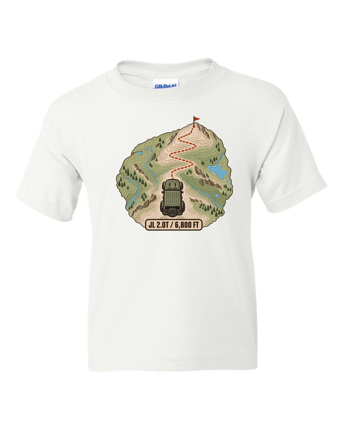 Jeep Wrangler JL 2.0T topographic contour map design with route line and 6,800 ft text white kids tee front view with the design