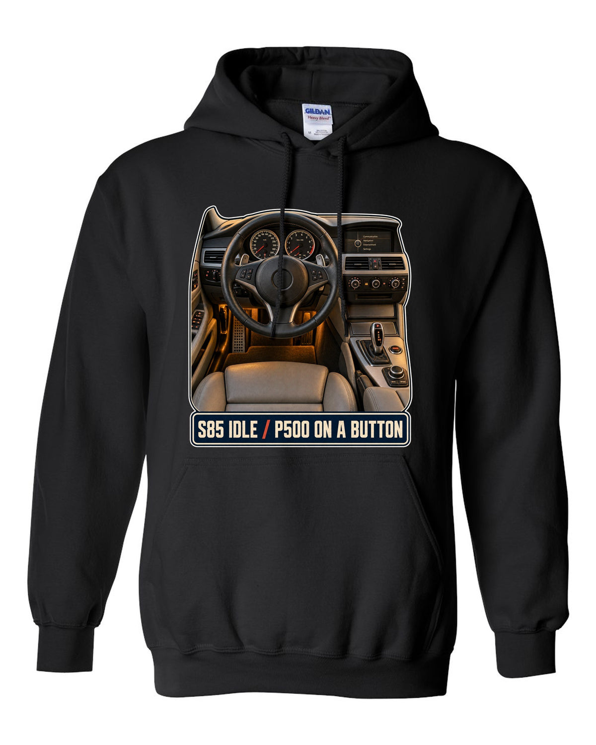 BMW M5 E60 interior cockpit and gauge print black pull over hoodie front view with the design