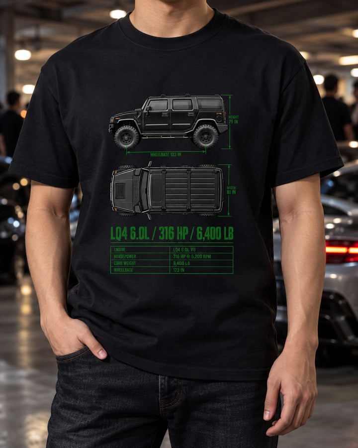 Hummer H2 2003-09 Spec Poster Shirt, LQ4 6.0L Truck Fan Gift T-Shirt Black worn hero