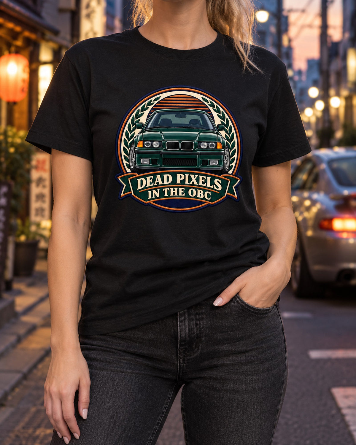 BMW E36 M3 Coupe Rounded Crest Shirt, Dead Pixel OBC T-Shirt Black worn hero