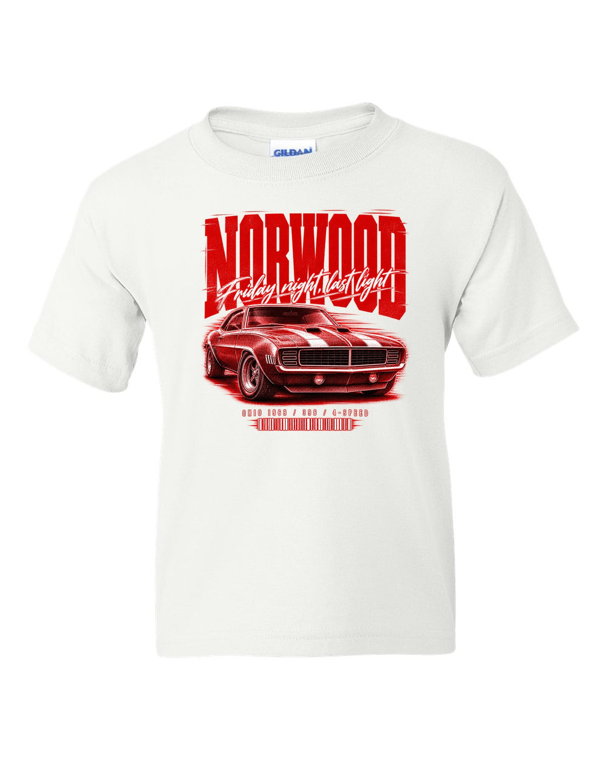 Street-poster print of a 1969 Chevrolet Camaro in Norwood, Ohio with 396 4-speed text white kids tee front view with the design