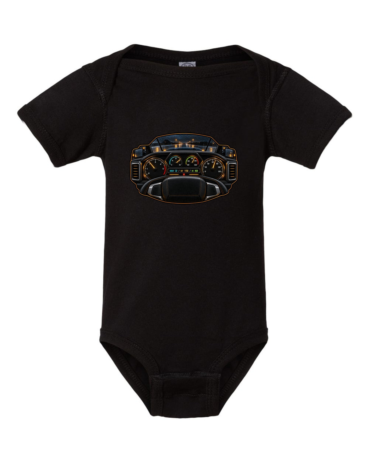 Night gauge-cluster HUD print of a 2019-2024 Ram HD 6.7 HO showing boost 32 EGT 1150 HO 400 black baby onesie front view with the design