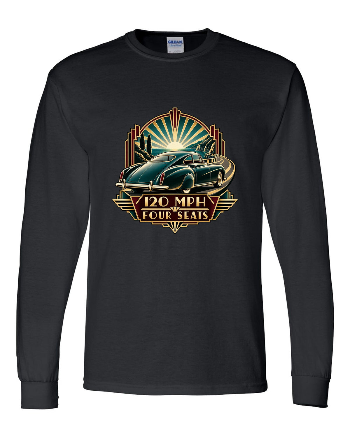 Synthwave outrun print of a 1982 Bentley Mulsanne Turbo with 120 mph and four seats lettering black long sleeve front view with the design
