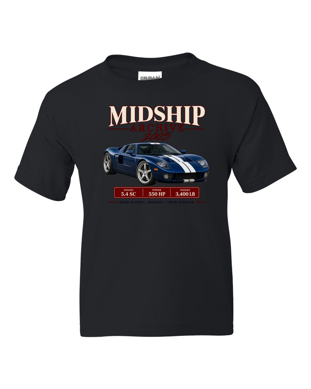Ford GT 2005-06 midship archive panel print with door scoops, 5.4 SC and 550 HP black kids tee front view with the design