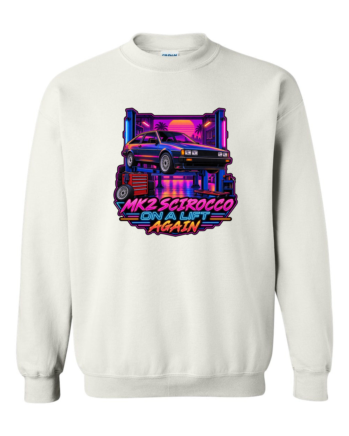 Synthwave outrun style VW Scirocco Mk2 with Mk2 Scirocco on a lift again text white crewneck front view with the design