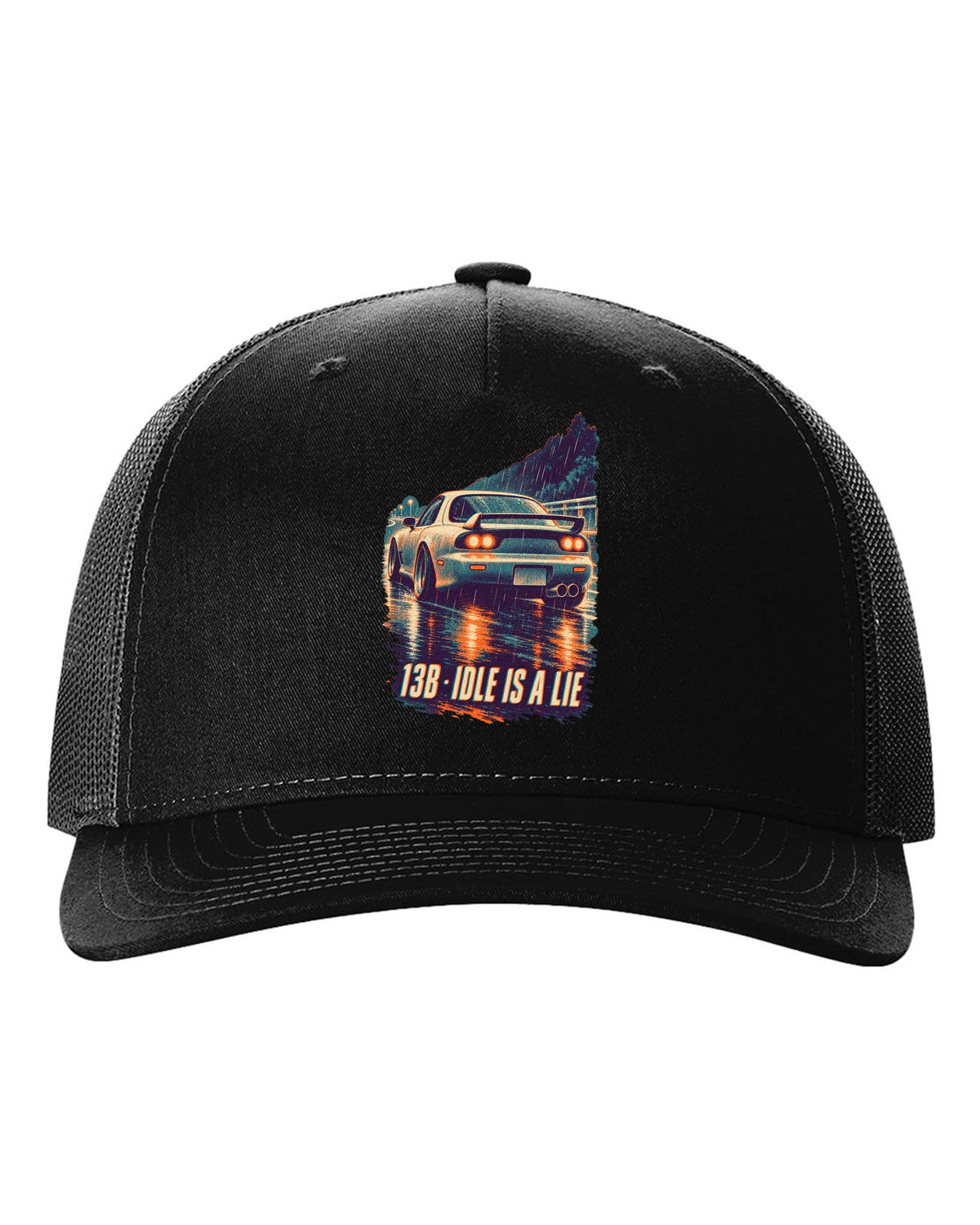 Three-colour risograph print for the Mazda RX-7 FD3S with 13B idle is a lie lettering black hat front view with the design