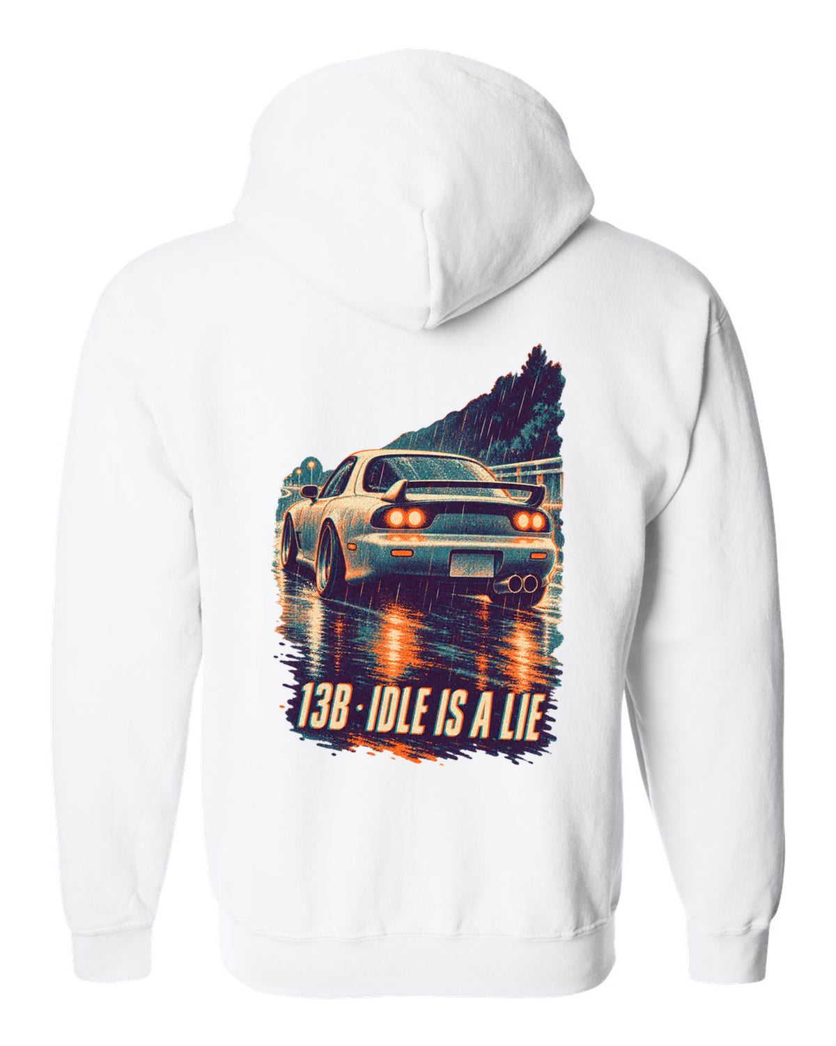 Three-colour risograph print for the Mazda RX-7 FD3S with 13B idle is a lie lettering white zip hoodie back view with the design