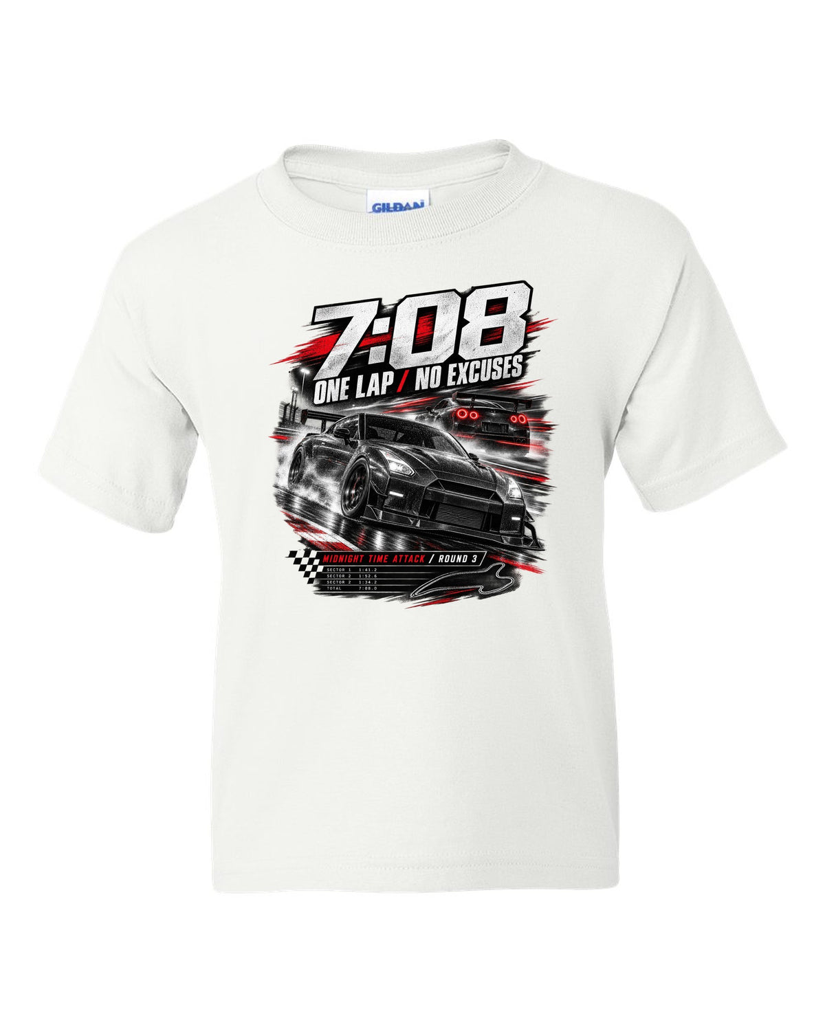 Race poster of a Nismo-style Nissan GT-R R35 with 7:08 one lap and Midnight Time Attack lettering white kids tee front view with the design