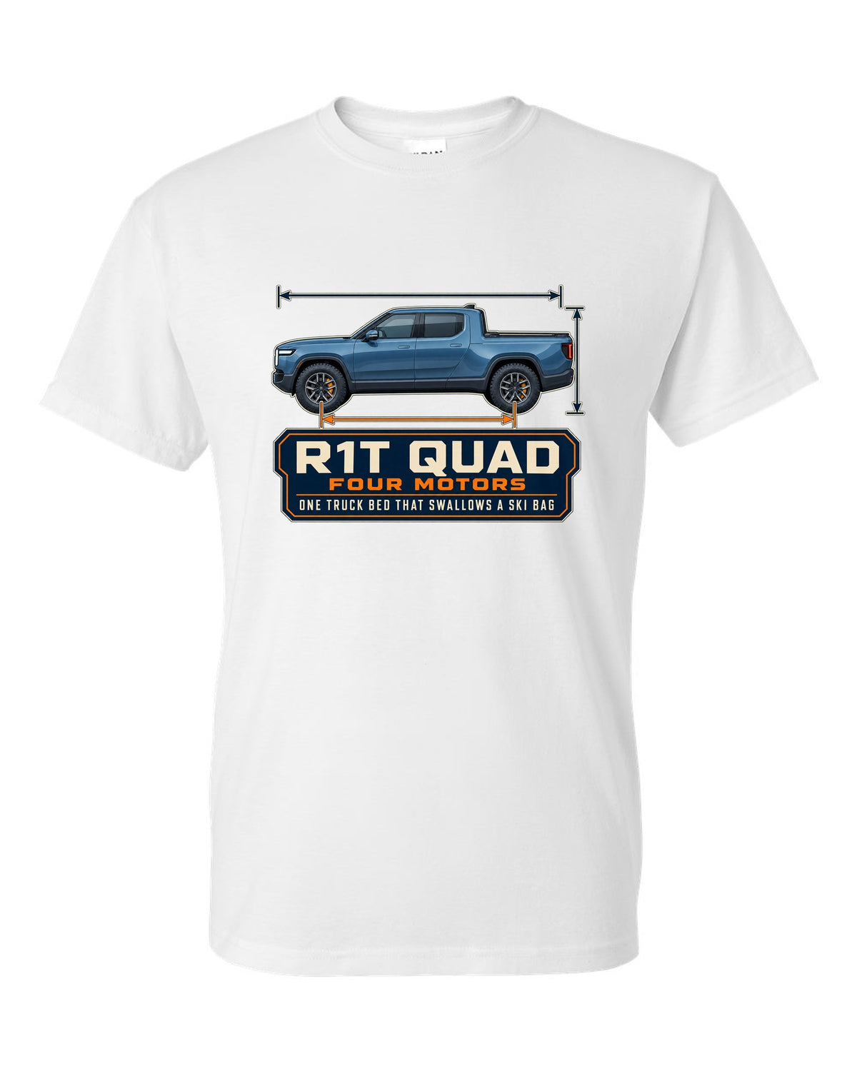 Dimension blueprint print of the Rivian R1T quad-motor electric truck white t-shirt front view with the design
