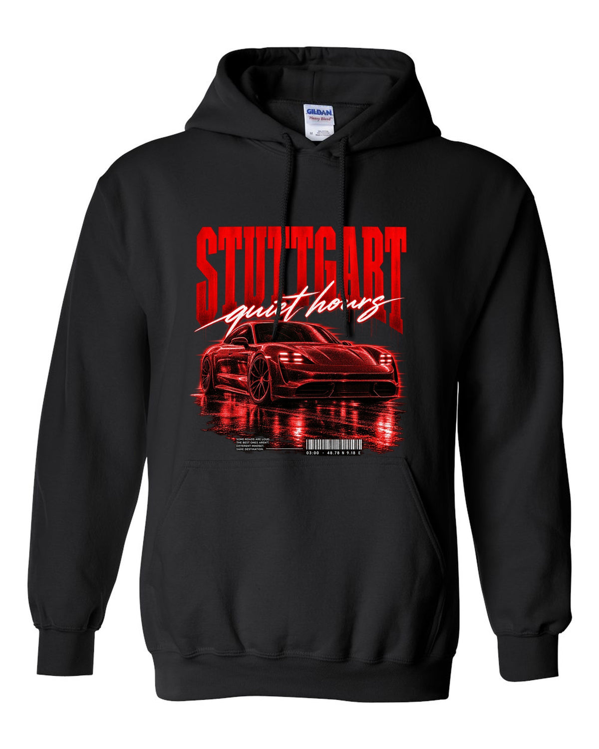 Low widebody Porsche Taycan Turbo S 9J1 street poster with Stuttgart coordinates black pull over hoodie front view with the design