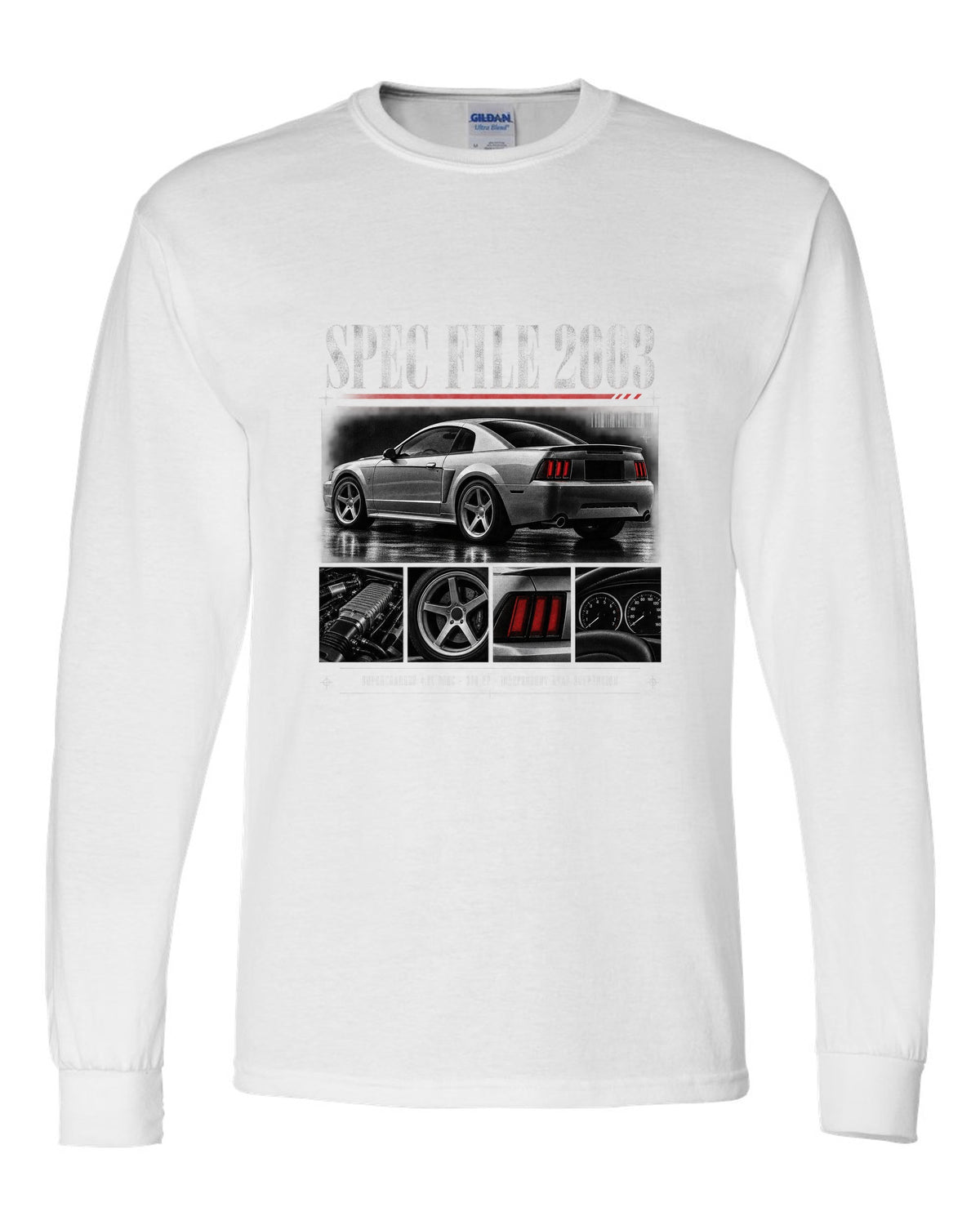 Dossier panel profile of a 2003 Ford Mustang SVT Cobra New Edge with spec file lettering white long sleeve front view with the design