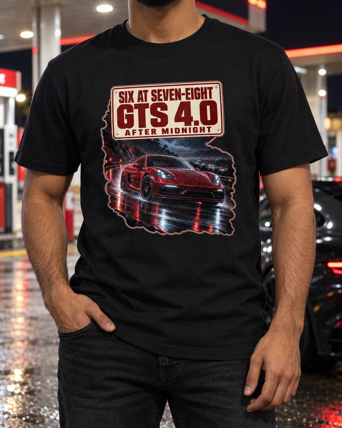 Porsche 718 Cayman GTS 4.0 982 Night Street print Shirt T-Shirt Black worn hero