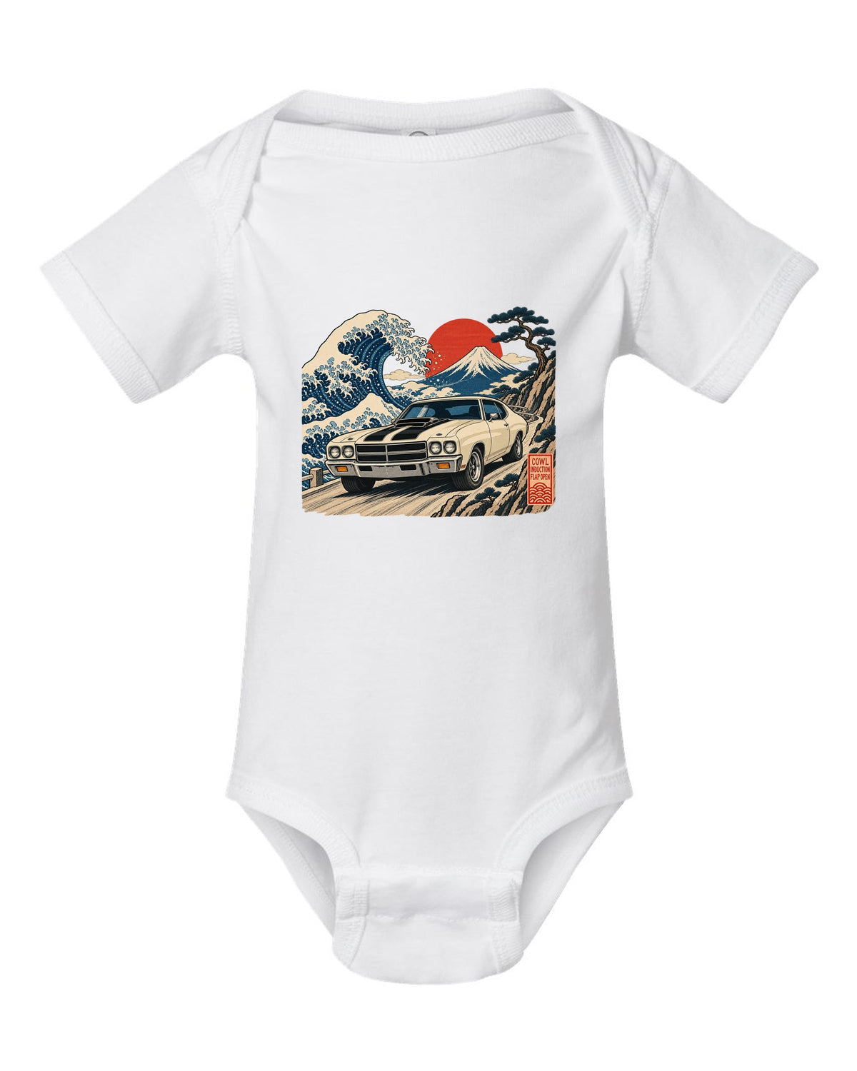 Ukiyo-e woodblock print of a 1970 Chevelle SS with the text Cowl Induction, Flap Open white baby onesie front view with the design