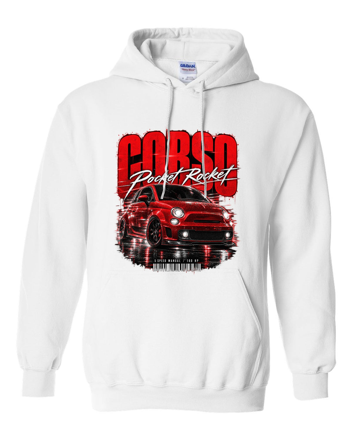 Street poster print of a Fiat 500 Abarth with Corso Pocket Rocket 5 speed manual text white pull over hoodie front view with the design