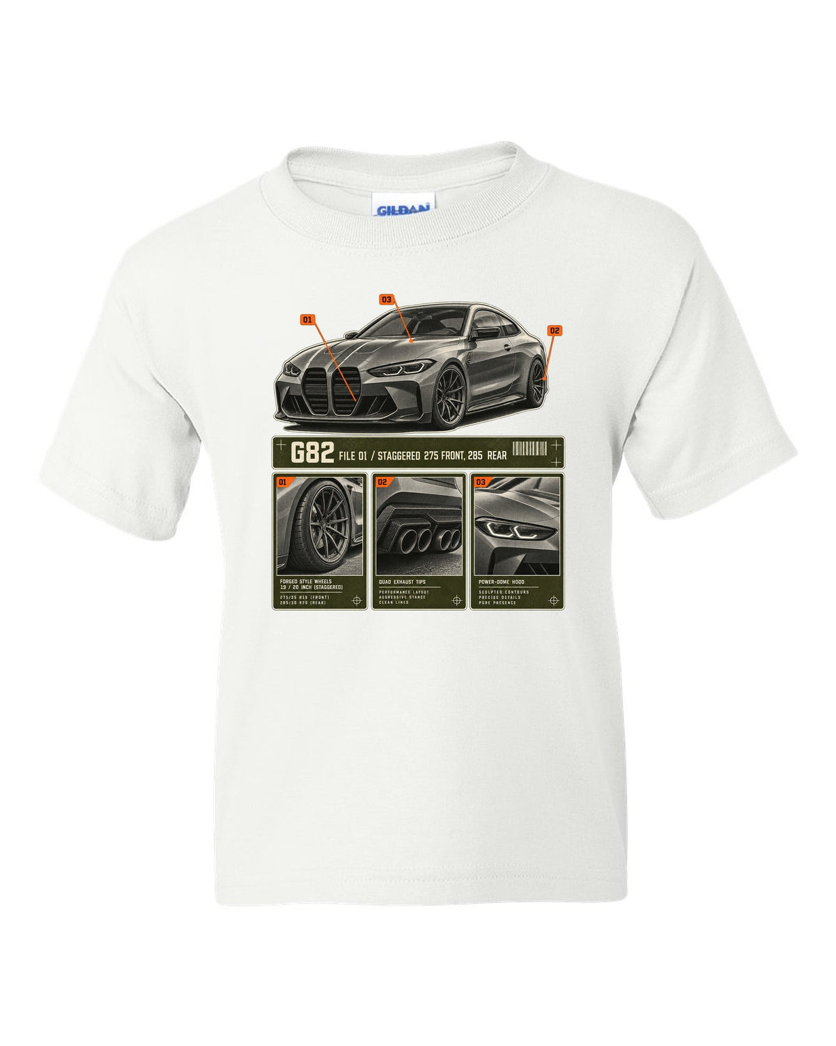 BMW M4 Competition G82 dossier panels print noting staggered 275 front and 285 rear white kids tee front view with the design