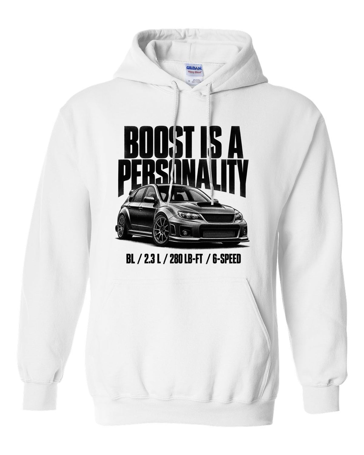 Halftone carbon print of a Mazdaspeed3 BL with boost lettering white pull over hoodie front view with the design
