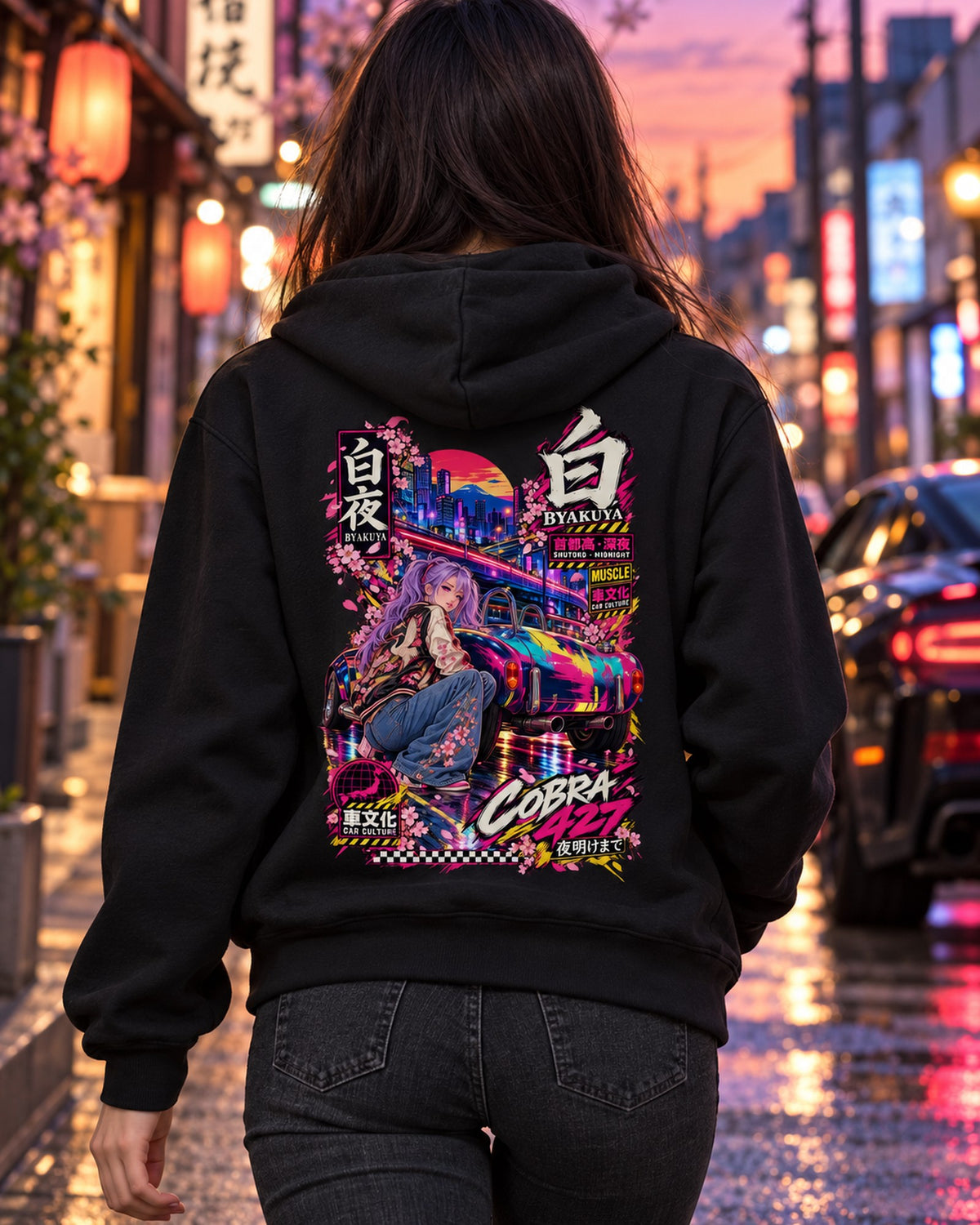 BYAKUYA COBRA 427 Anime Girl Full-Back Graphic Tee Zip Hoodie Black worn hero