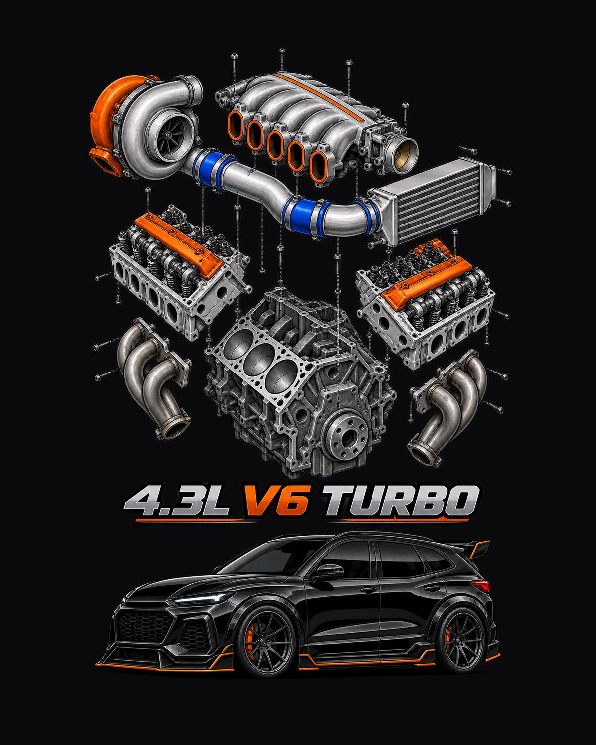 GMC Typhoon Exploded Engine Shirt, 4.3L Turbo V6 Car Guy Gift design only