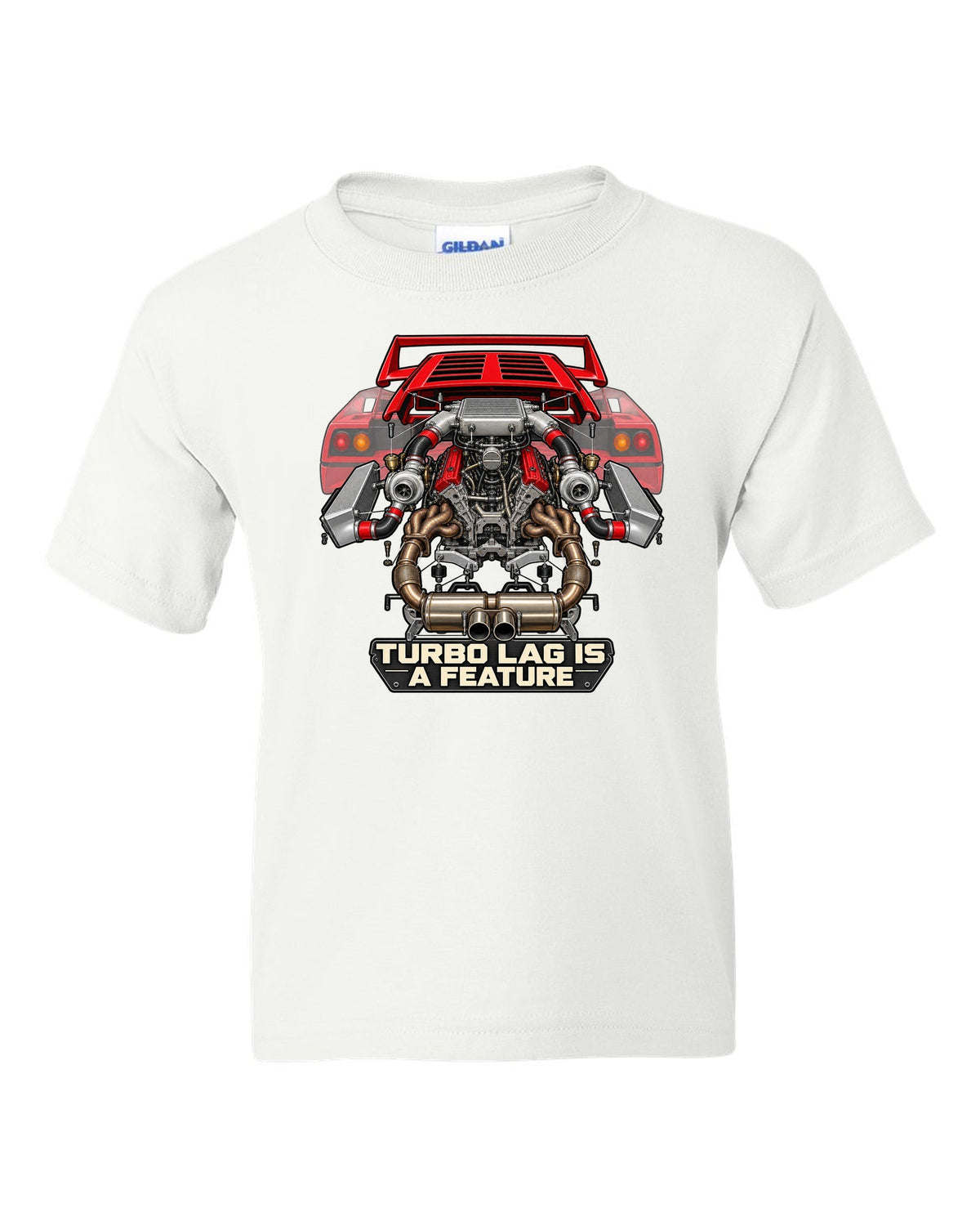 Exploded engine cutaway print of a Ferrari F40 F120 with turbo lag is a feature text white kids tee front view with the design