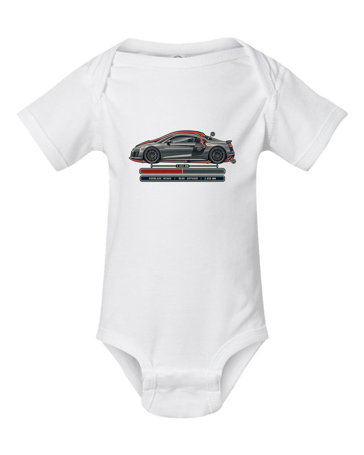 Audi R8 V10 plus Type 4S airflow cutaway with sideblade and diffuser callouts white baby onesie front view with the design