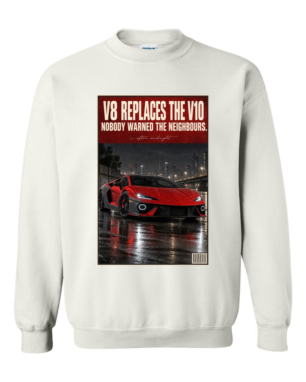 Night street print of the Lamborghini Temerario white crewneck front view with the design
