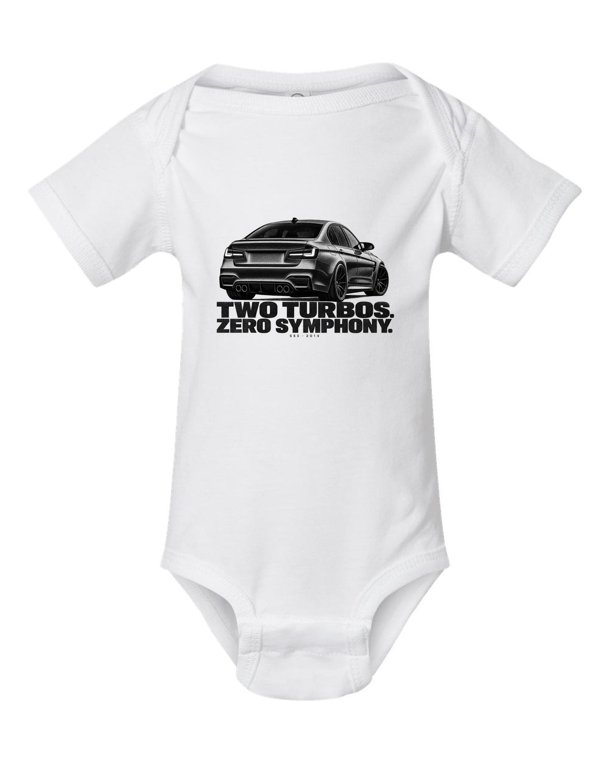 BMW F80 M3 sedan halftone print with two turbos zero symphony text white baby onesie front view with the design