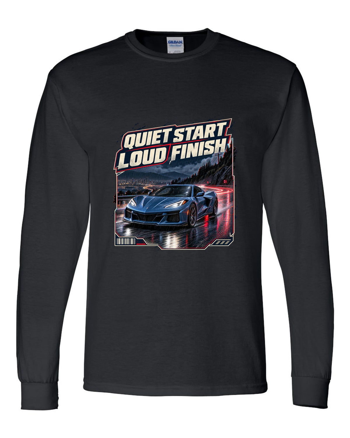 print of a Chevrolet Corvette C8 E-Ray on a wet night street with quiet start, loud finish text black long sleeve front view with the design