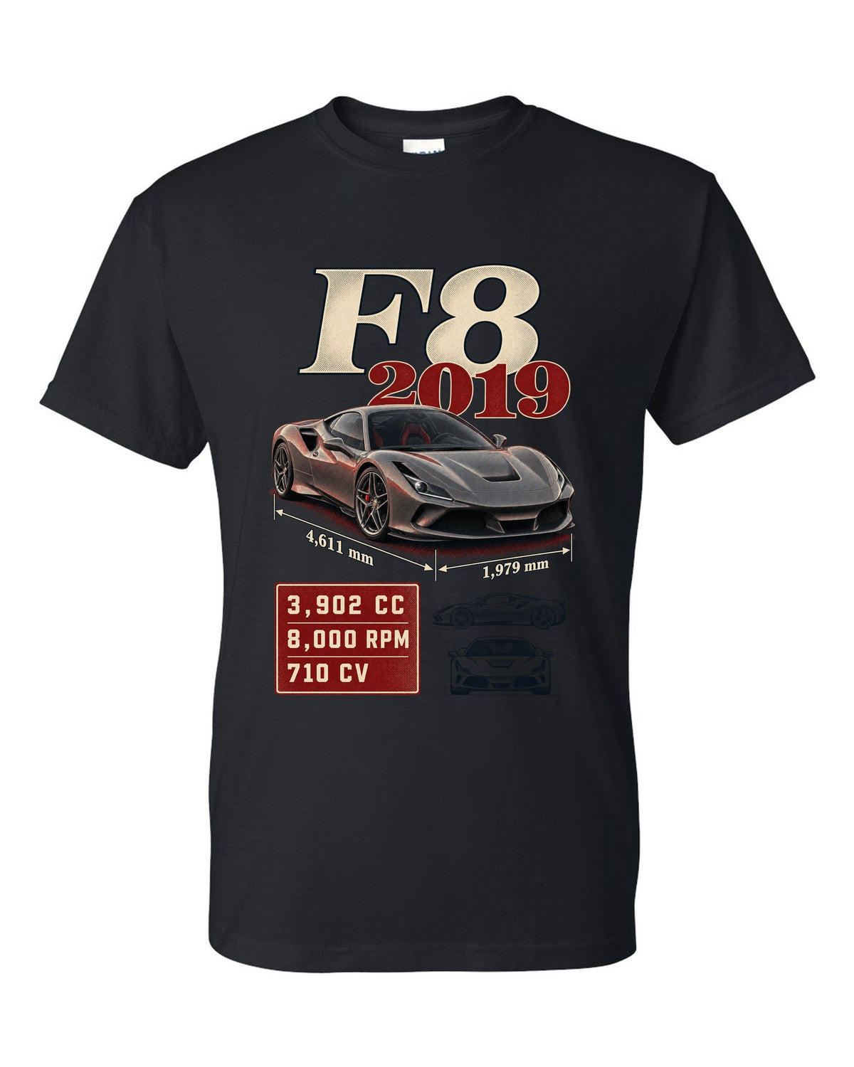 Ferrari F8 Tributo archive panel print listing 3,902 cc, 8,000 rpm, 710 CV black t-shirt front view with the design