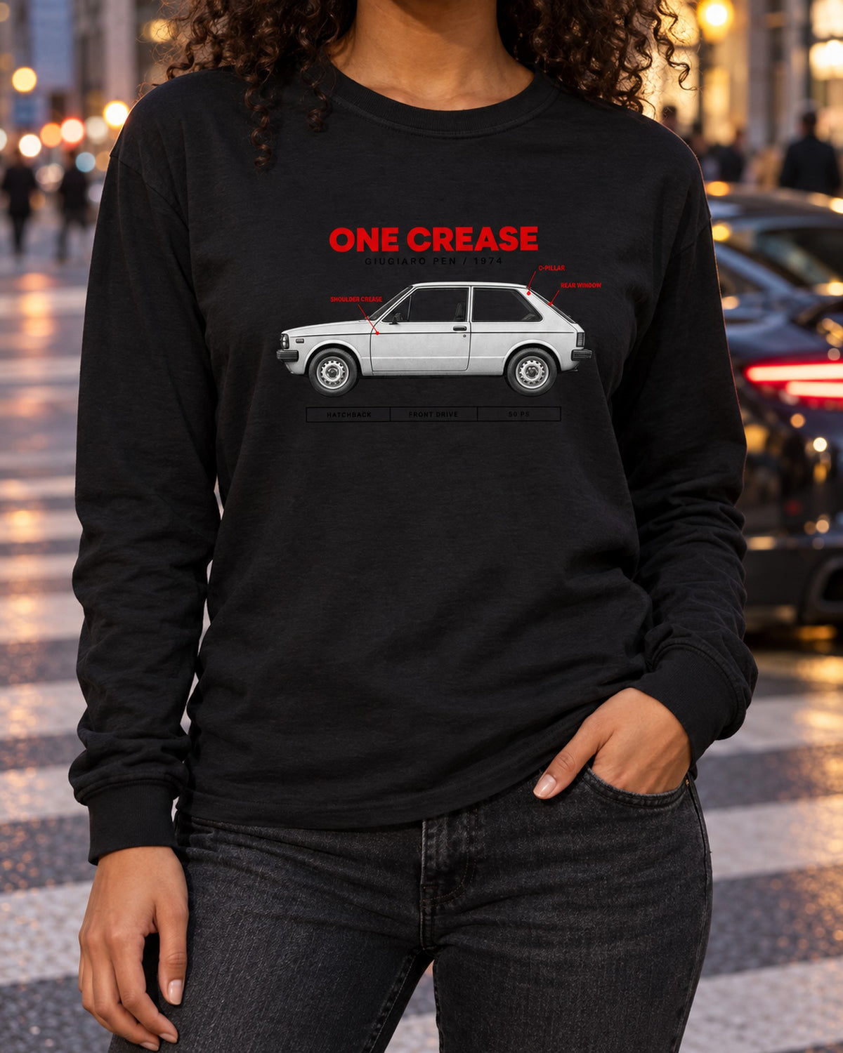 VW Golf Mk1 1974 Giugiaro Spec Poster print Shirt Long Sleeve Black worn hero