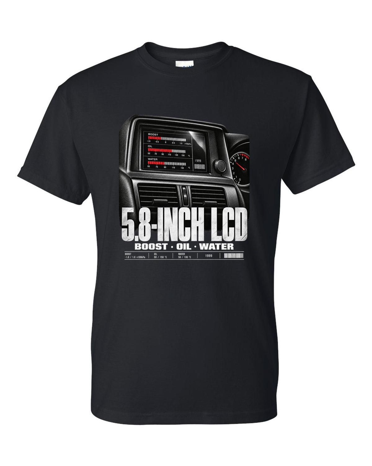 Multifunction display screen of a Nissan Skyline GT-R R34 showing boost, oil and water readings black t-shirt front view with the design