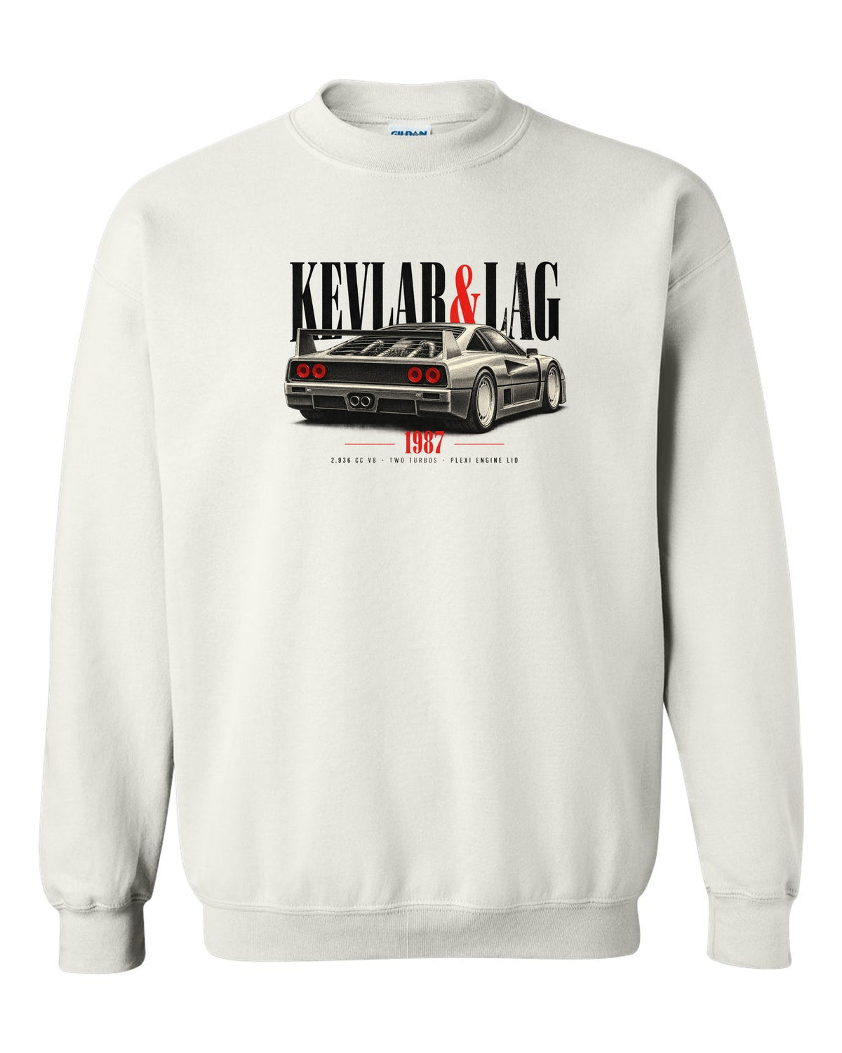 Ferrari F40 1987 rear three-quarter print headed Kevlar and Lag, 2,936 cc V8 white crewneck front view with the design