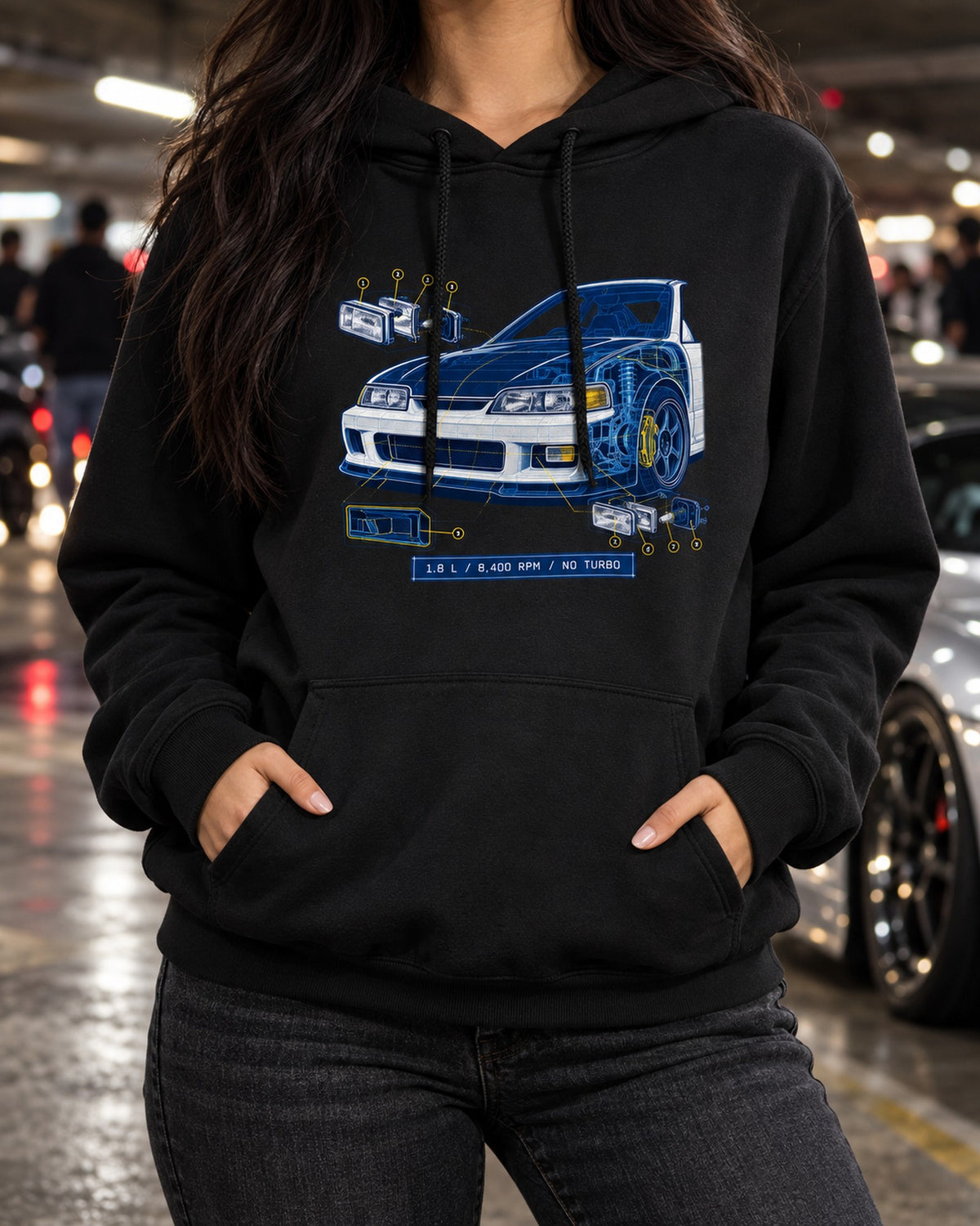 Honda Integra Type R DC2 B18C Blueprint Shirt, 8,400 RPM Pull Over Hoodie Black worn hero