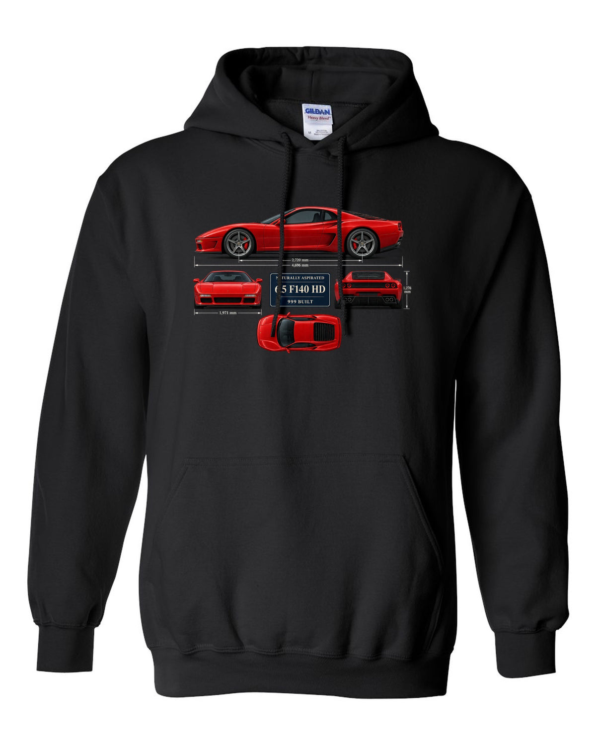 Ferrari 812 Competizione dimension blueprint print with 6.5 F140 HD, 999 built black pull over hoodie front view with the design